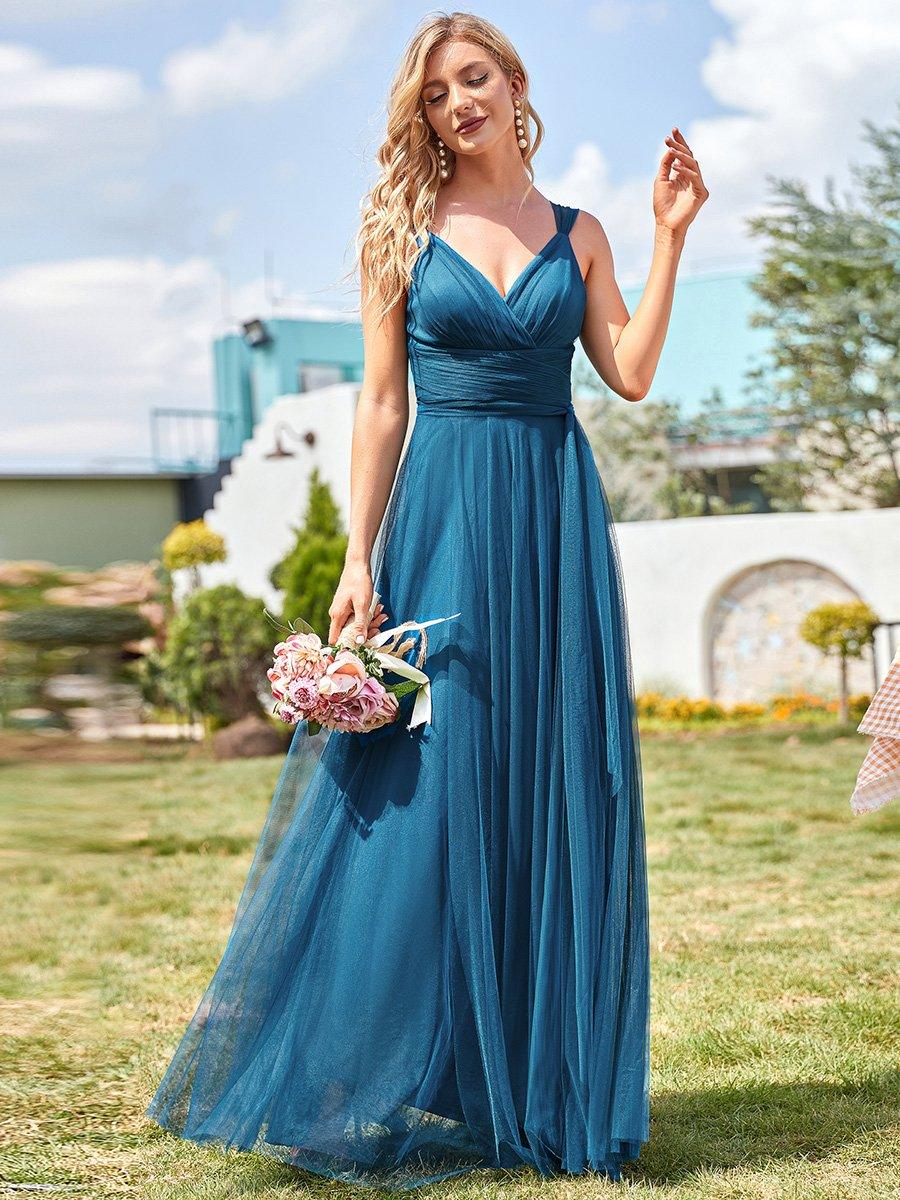 Robes De Demoiselle D'Honneur Maxi En Tulle à Col En V #Couleur_Bleu Sarcelle
