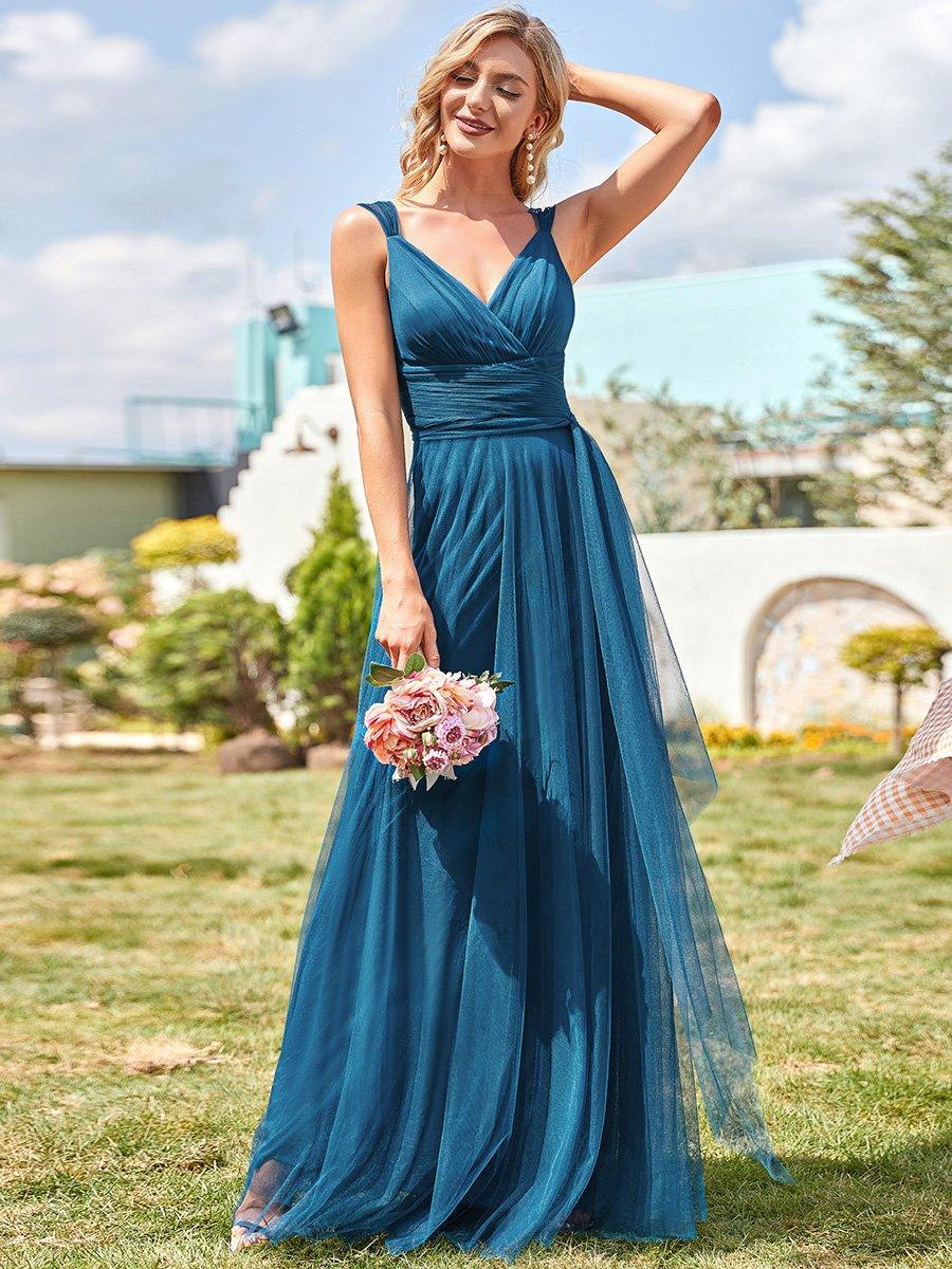 Robes De Demoiselle D'Honneur Maxi En Tulle à Col En V #Couleur_Bleu Sarcelle