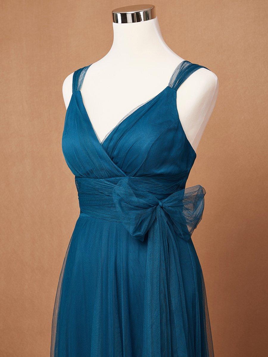 Robes De Demoiselle D'Honneur Maxi En Tulle à Col En V #Couleur_Bleu Sarcelle