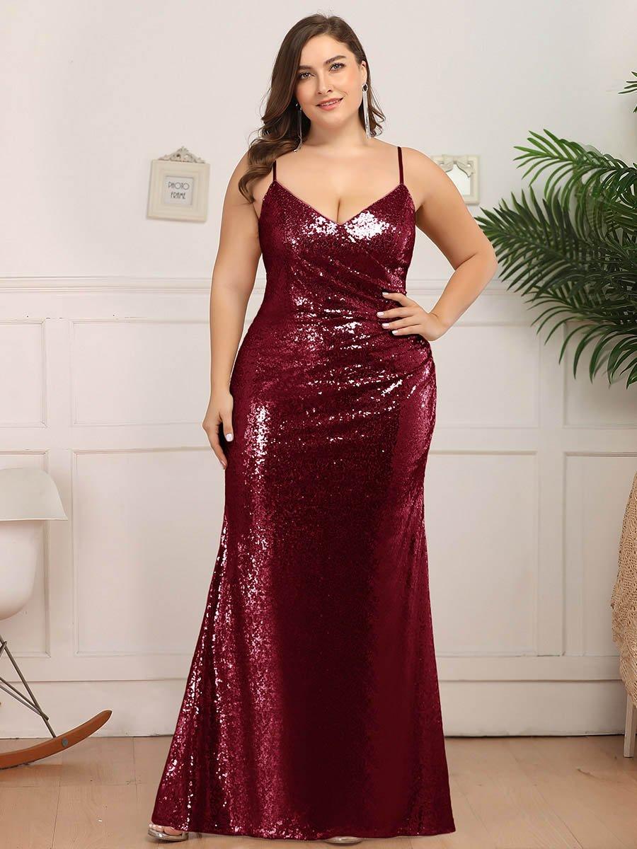 Robe de Soirée Sirène Grande Taille à Bretelles Spaghetti à Paillettes #Couleur_Bordeaux