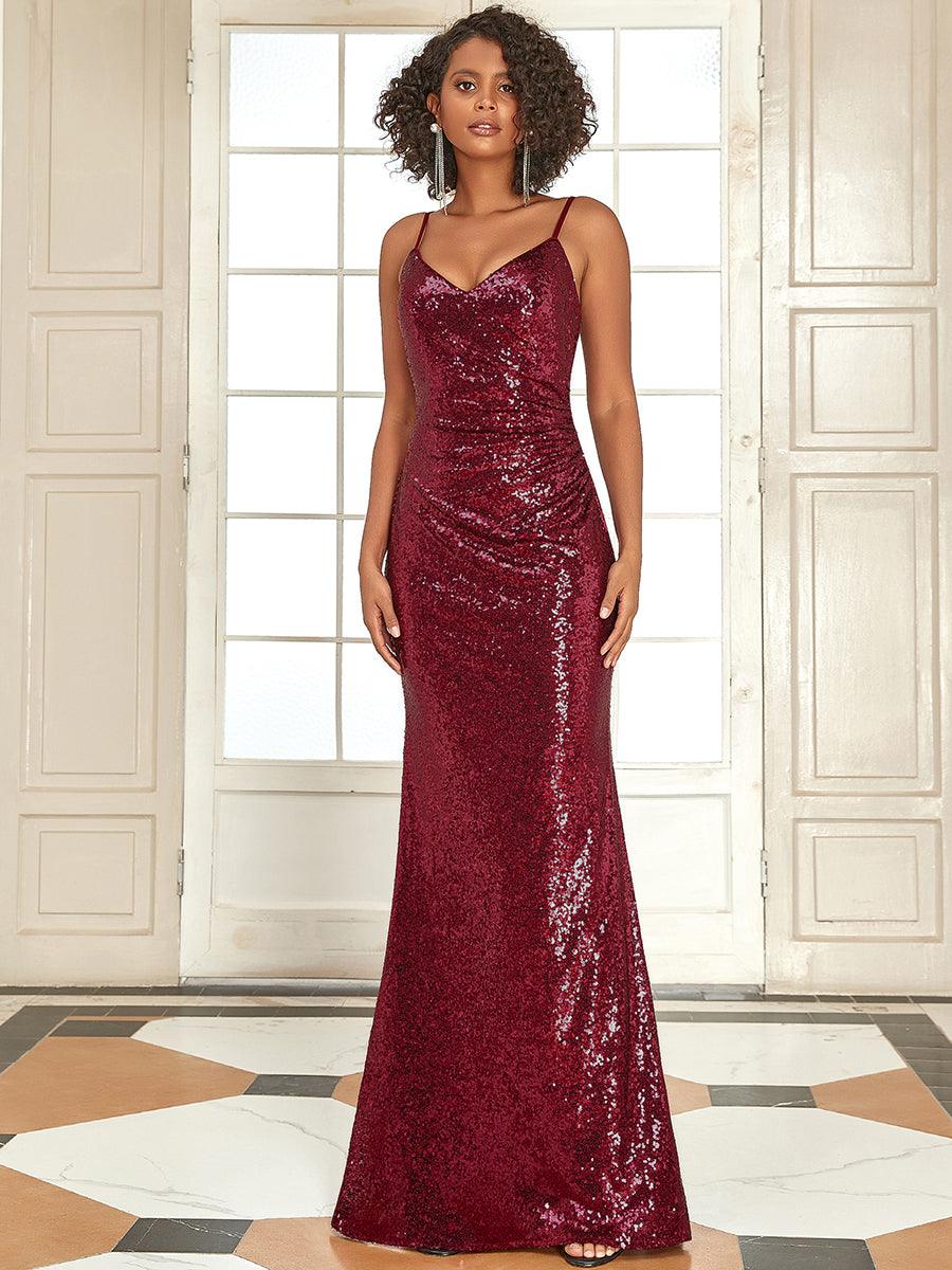 Robe de Soirée Sirène Longue Sexy à Bretelles Spaghetti à Paillettes #Couleur_Bordeaux