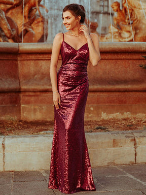 Robe de Soirée Sirène Longue Sexy à Bretelles Spaghetti à Paillettes