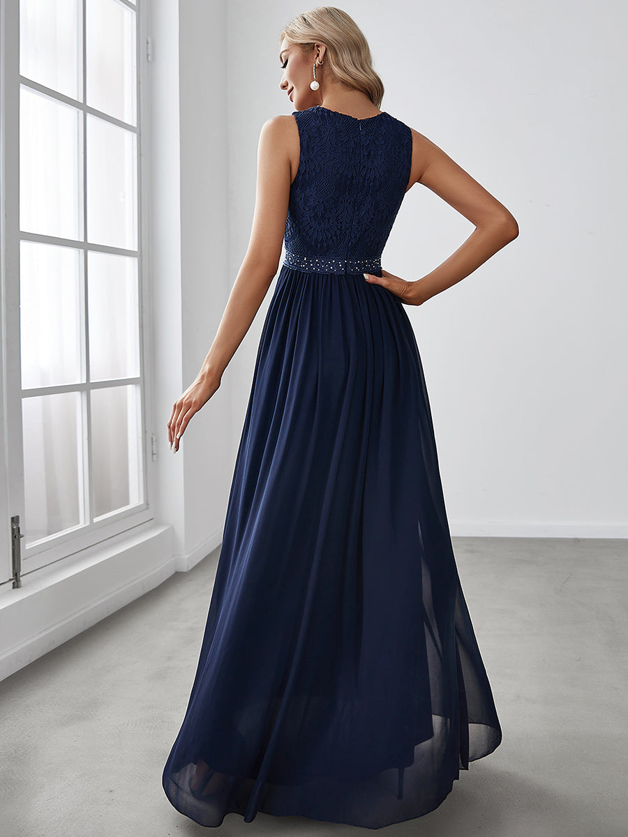 Robe de Soirée longue Taille Haute en Dentelle sans Manches #Couleur_Bleu Marine