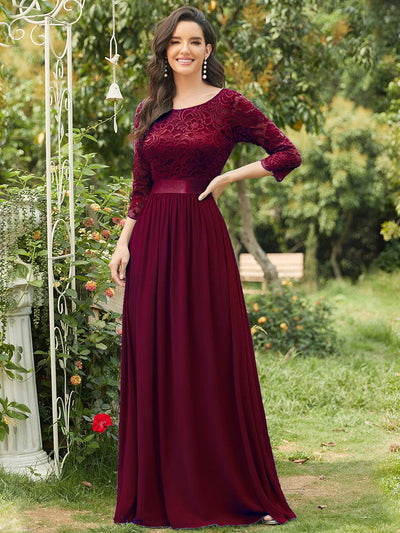 ever FAUN|Robe de soirée en dentelle transparente au sol avec demi-manches