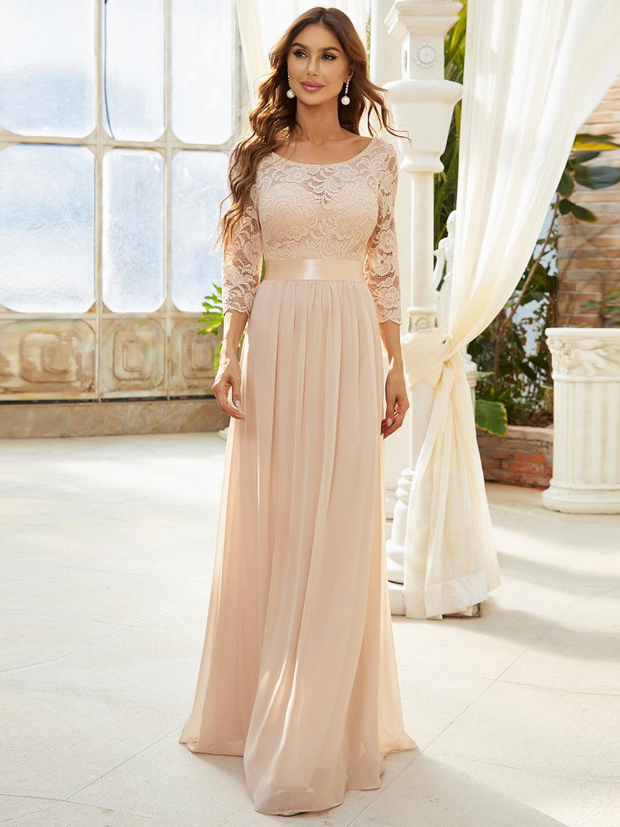 Robe de soirée en dentelle transparente au sol avec demi-manches #Couleur_Blush