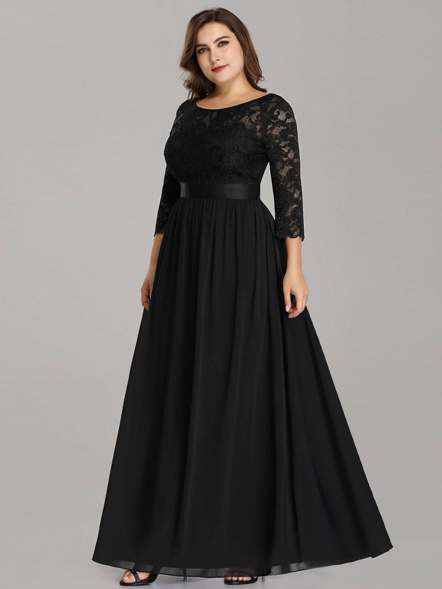 Robe de demoiselle d'honneur en grande taille dentelle transparente et demi-manche #Couleur_Noir