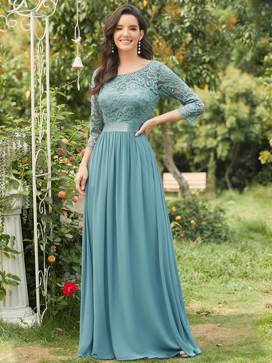 Robe de soirée en dentelle transparente au sol avec demi-manches #Couleur_Bleu Fume