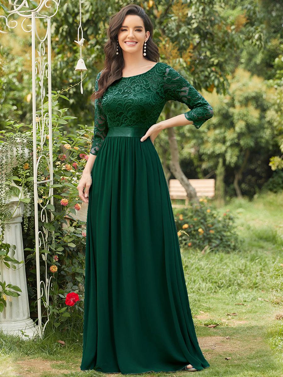 Robe de soirée en dentelle transparente au sol avec demi-manches #Couleur_Vert Fonce