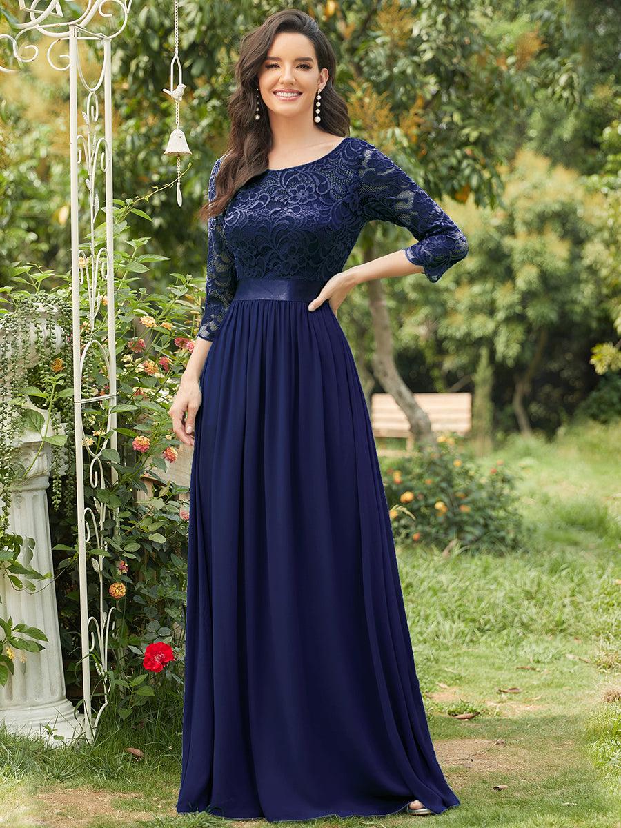 Robe de soirée en dentelle transparente au sol avec demi-manches #Couleur_Bleu Marine