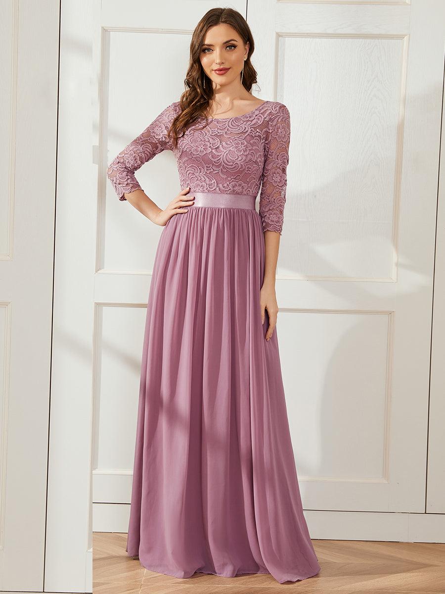 Robe de soirée en dentelle transparente au sol avec demi-manches #Couleur_Orchidee