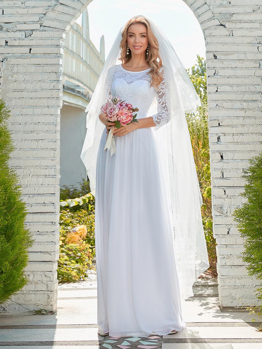 Robe de soirée en dentelle transparente au sol avec demi-manches #Couleur_Blanc