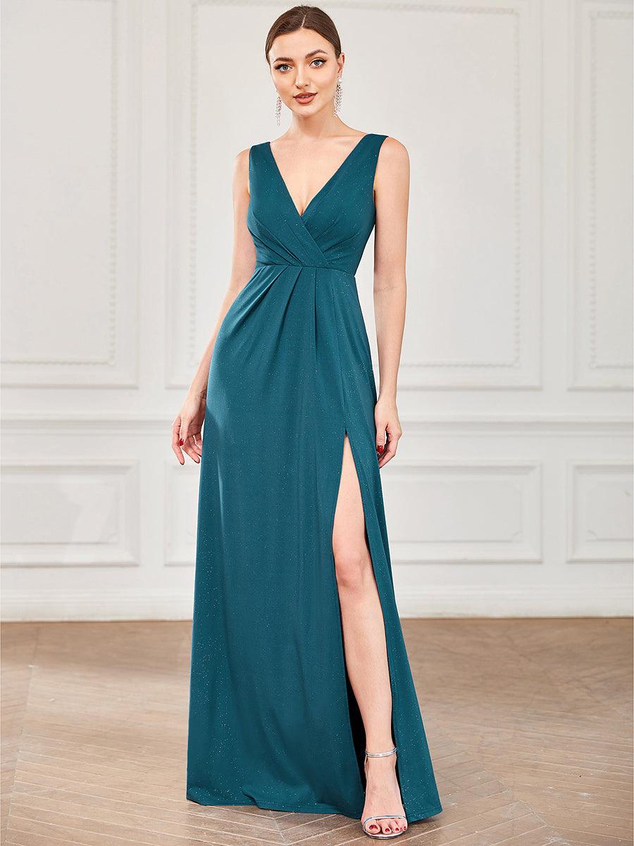 Robe de Cérémonie Longue Scintillante à Col en V avec Fente Latérale #Couleur_Bleu Sarcelle