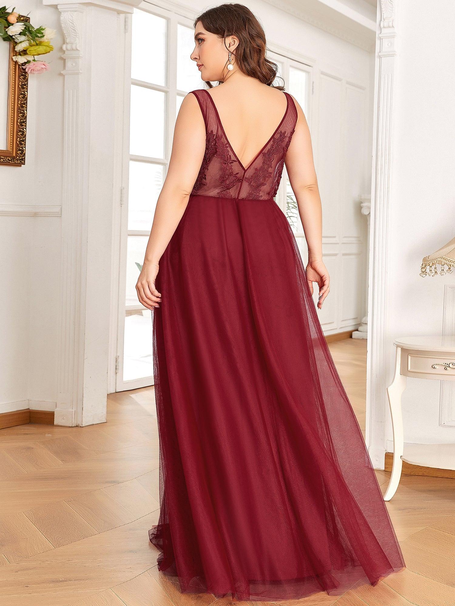 Robe de soirée élégante sans manches en tulle fluide #Couleur_Bordeaux