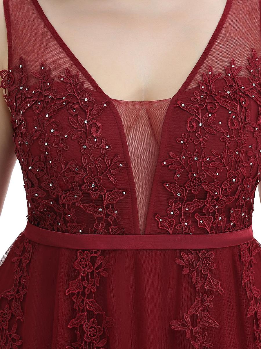 Robe de soirée en tulle fluide sans manches avec appliques élégantes de grande taille #Couleur_Bordeaux
