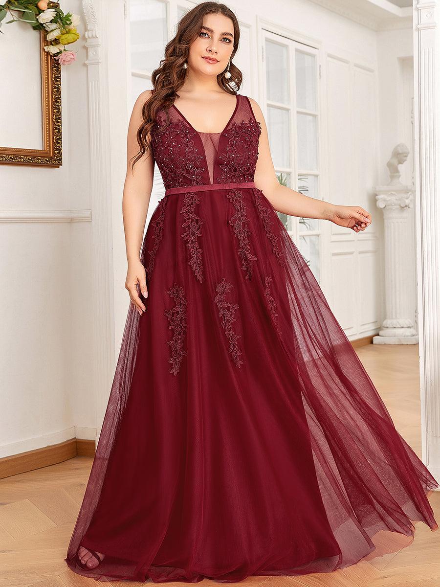 Robe de soirée élégante sans manches en tulle fluide #Couleur_Bordeaux