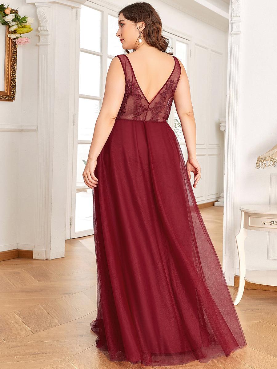Robe de soirée en tulle fluide sans manches avec appliques élégantes de grande taille #Couleur_Bordeaux