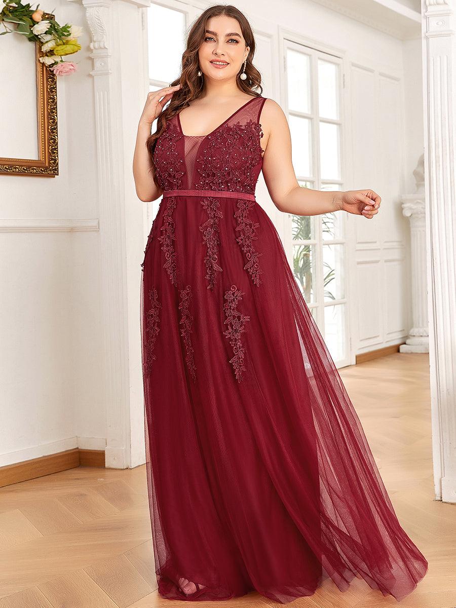 Robe de soirée en tulle fluide sans manches avec appliques élégantes de grande taille #Couleur_Bordeaux