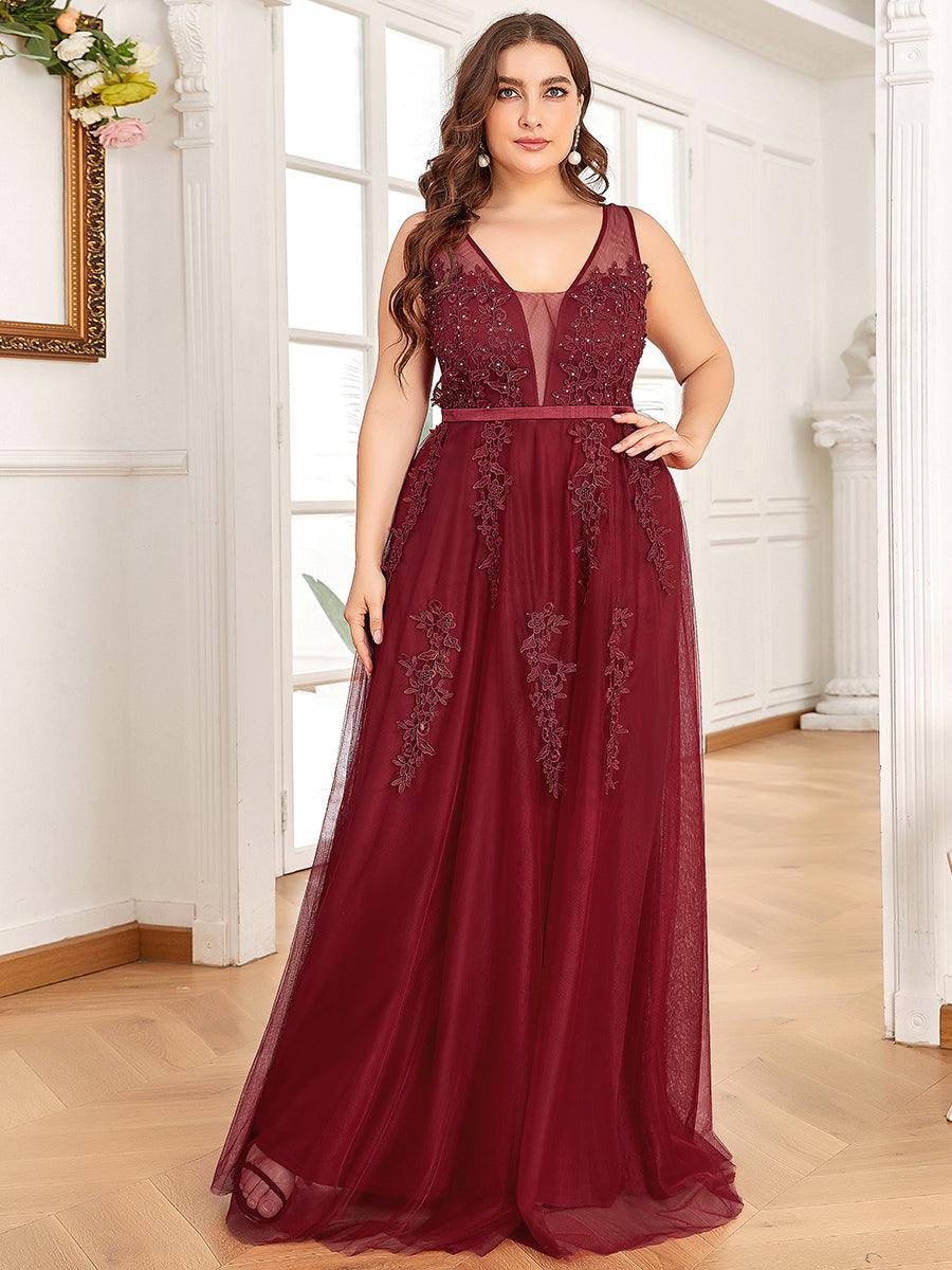 Robe de soirée en tulle fluide sans manches avec appliques élégantes de grande taille #Couleur_Bordeaux