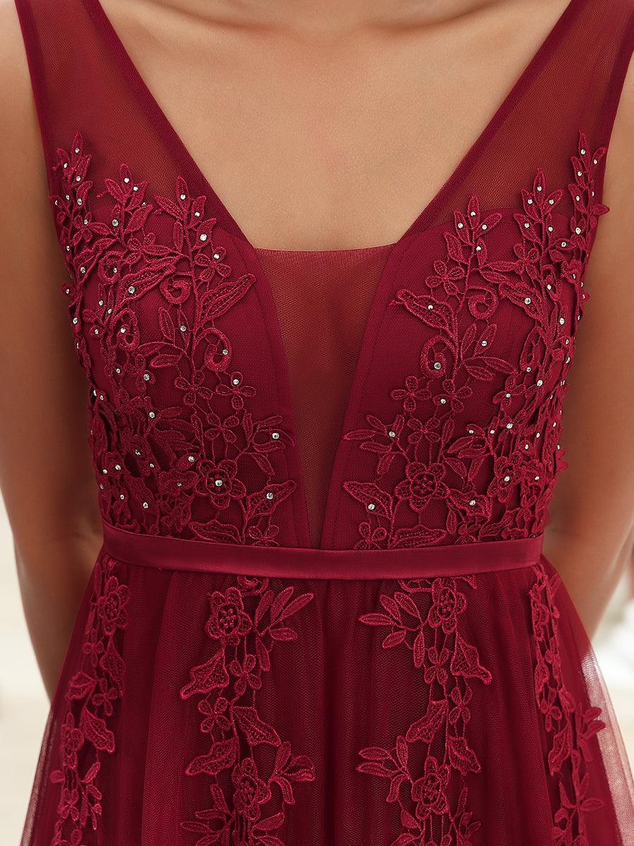Robe de soirée élégante sans manches en tulle fluide #Couleur_Bordeaux