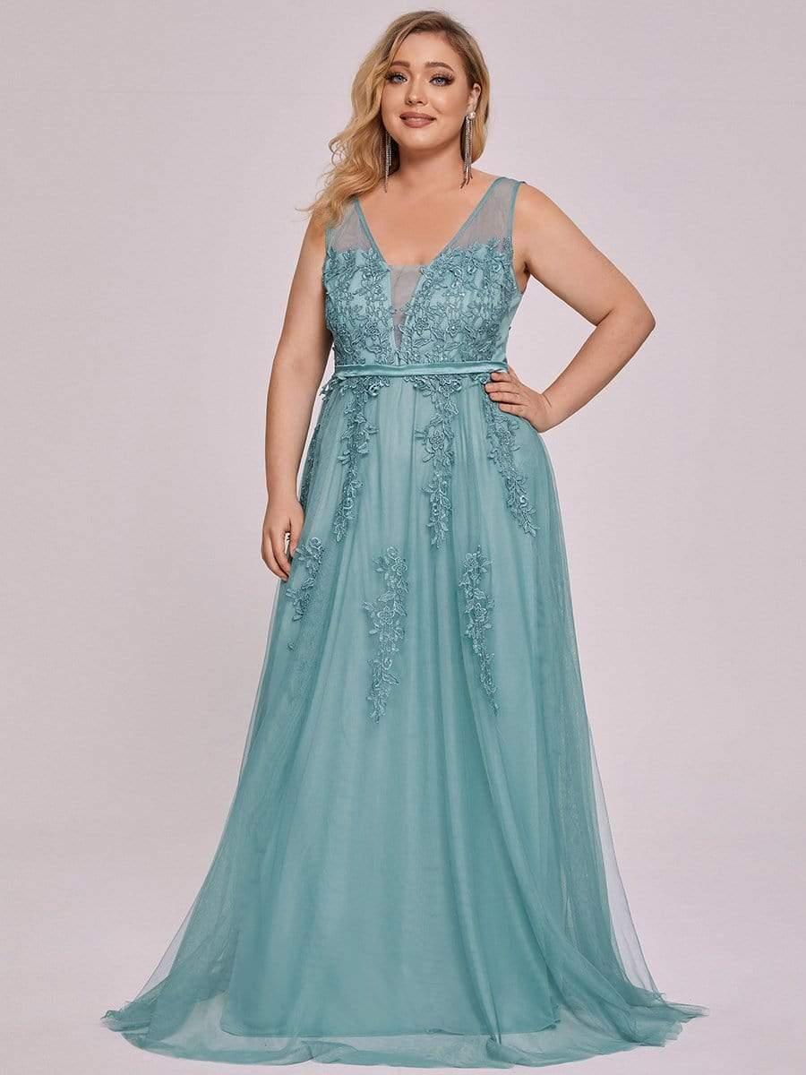 Robe de soirée en tulle fluide sans manches avec appliques élégantes de grande taille #Couleur_Bleu Fume