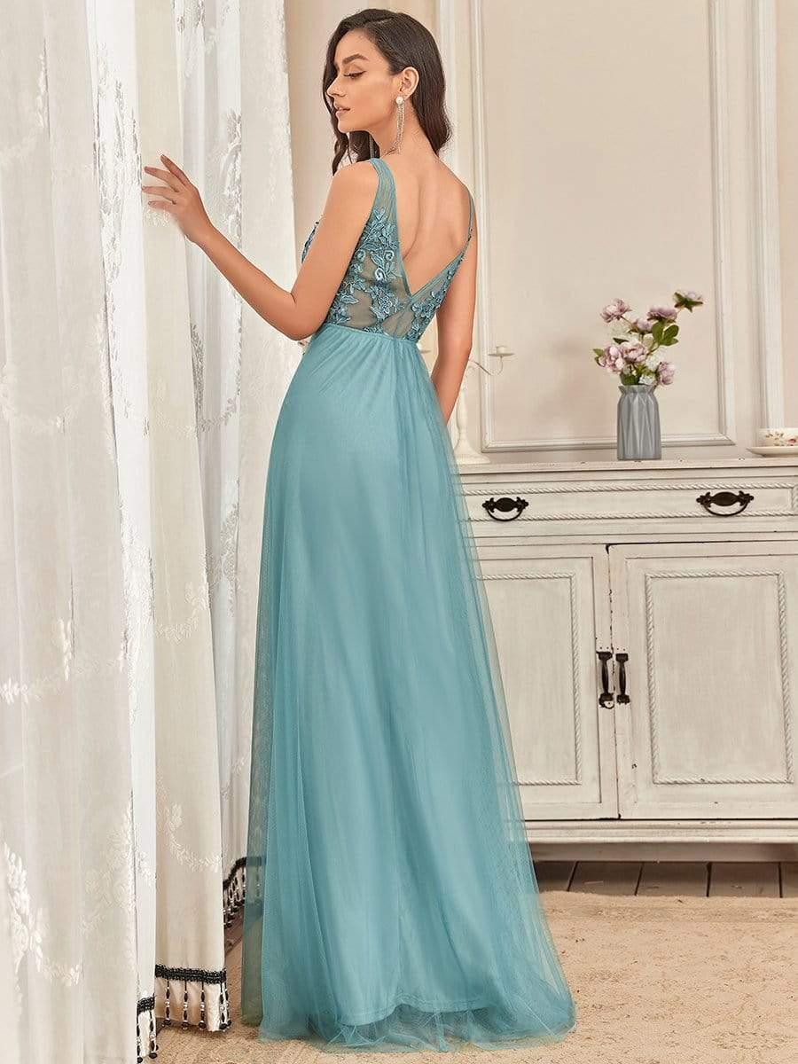 Robe de soirée élégante sans manches en tulle fluide #Couleur_Bleu Fume