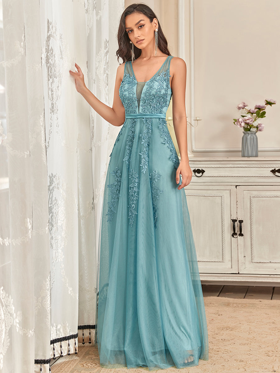 Taille personnalisée robe de soirée élégante sans manches en tulle fluide #couleur_Bleu Fume