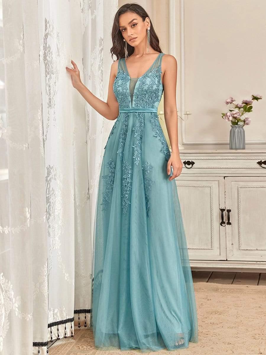 Robe de soirée élégante sans manches en tulle fluide #Couleur_Bleu Fume