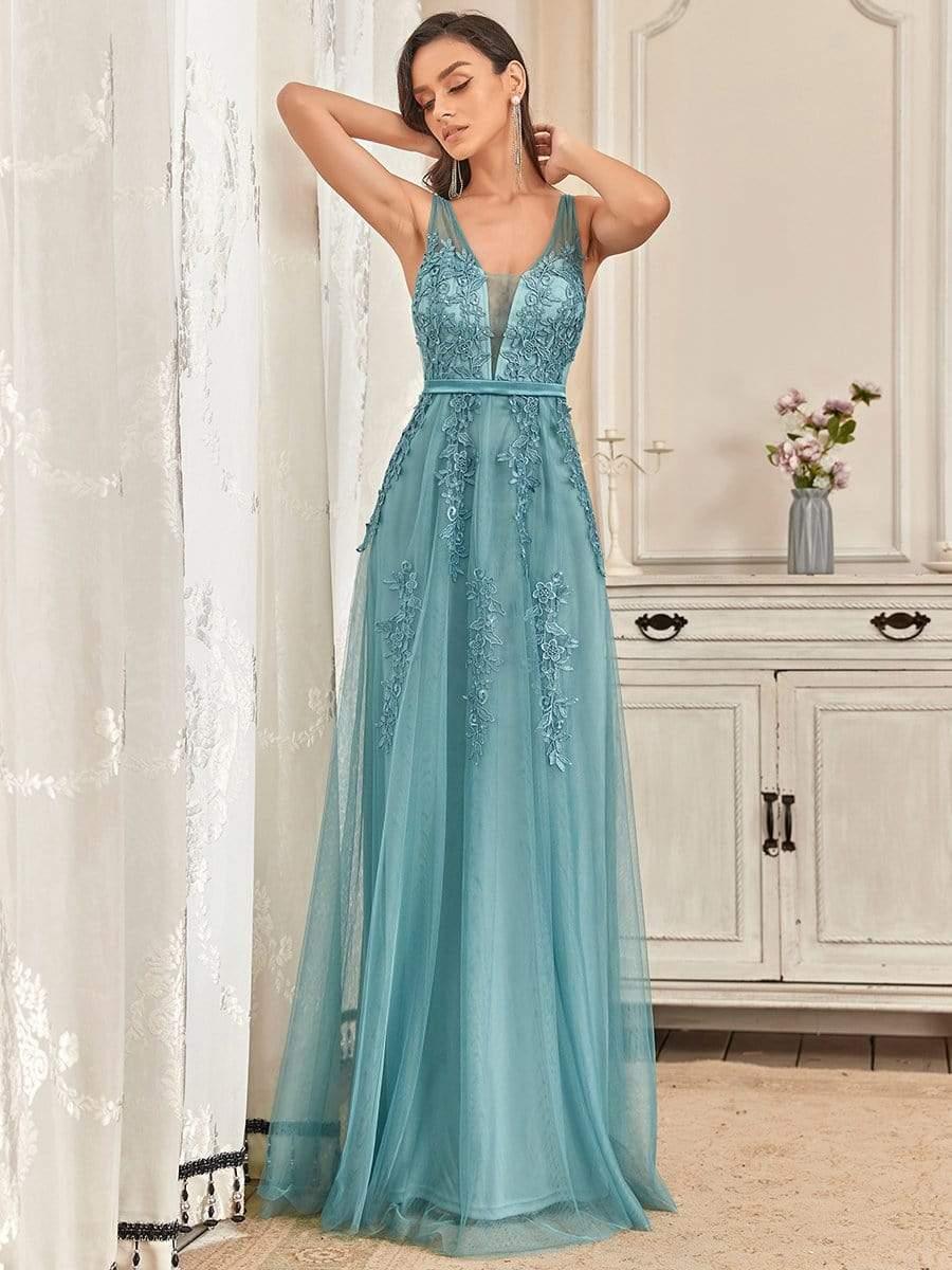 Robe de soirée élégante sans manches en tulle fluide #Couleur_Bleu Fume