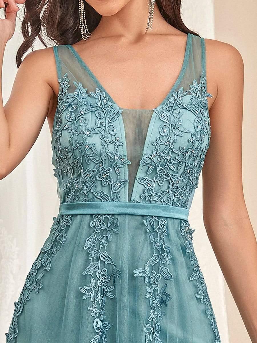 Robe de soirée élégante sans manches en tulle fluide #Couleur_Bleu Fume