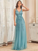 Robe de soirée élégante sans manches en tulle fluide #Couleur_Bleu Fume