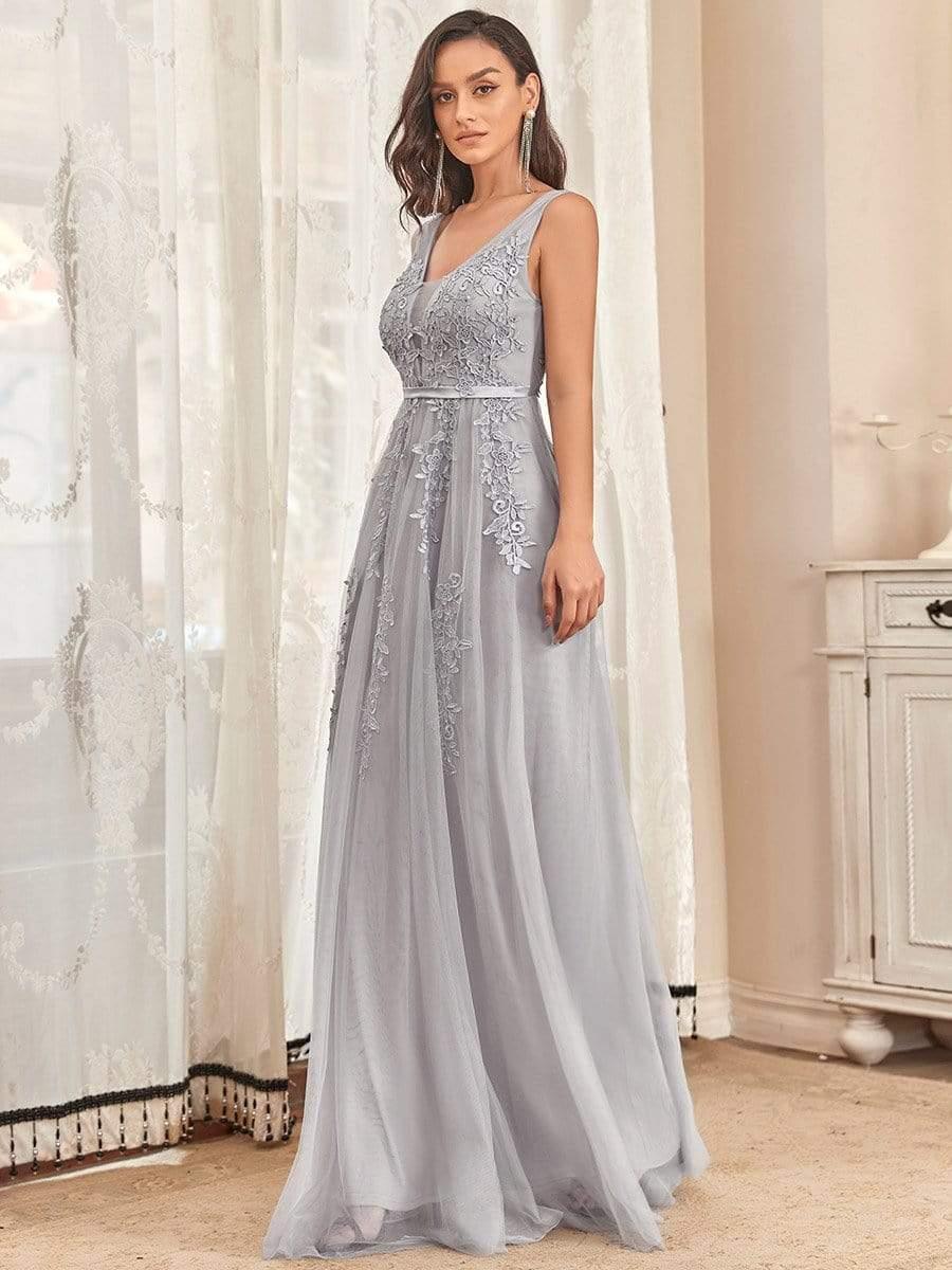 Robe de soirée élégante sans manches en tulle fluide #Couleur_Gris