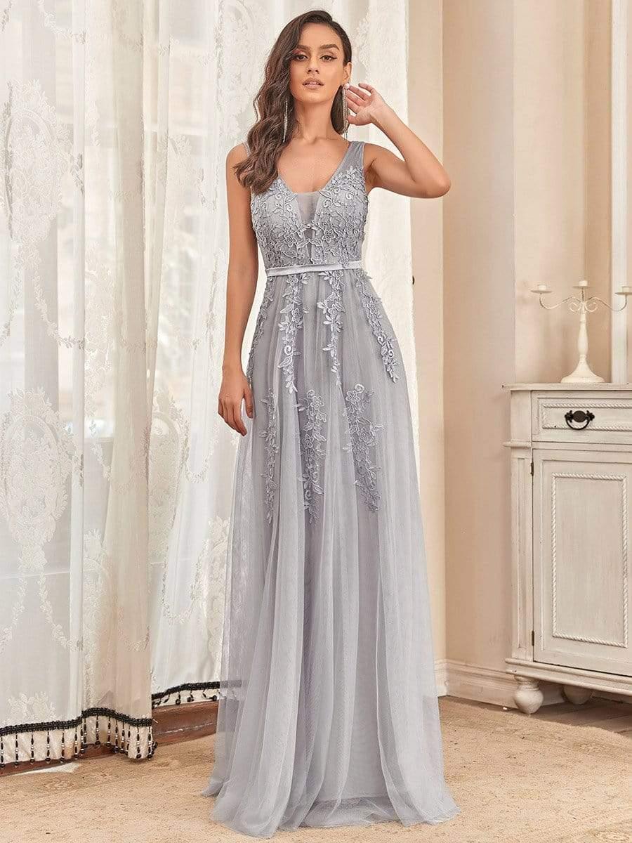 Robe de soirée élégante sans manches en tulle fluide #Couleur_Gris