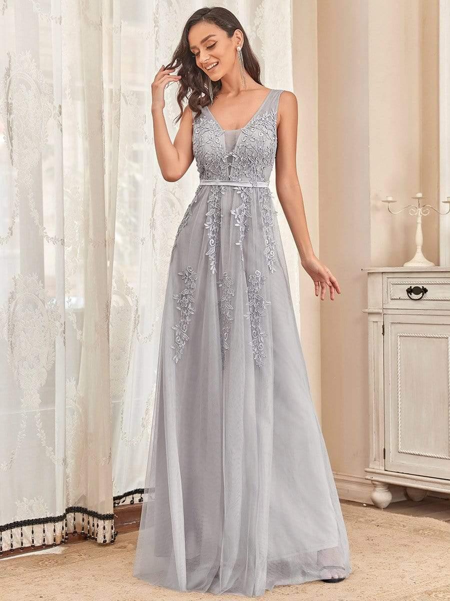 Robe de soirée élégante sans manches en tulle fluide #Couleur_Gris