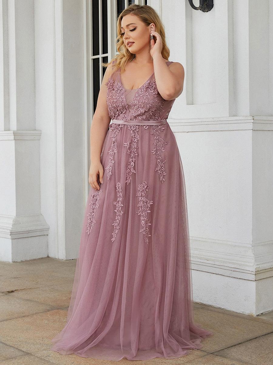 Robe de soirée en tulle fluide sans manches avec appliques élégantes de grande taille #Couleur_Orchidee