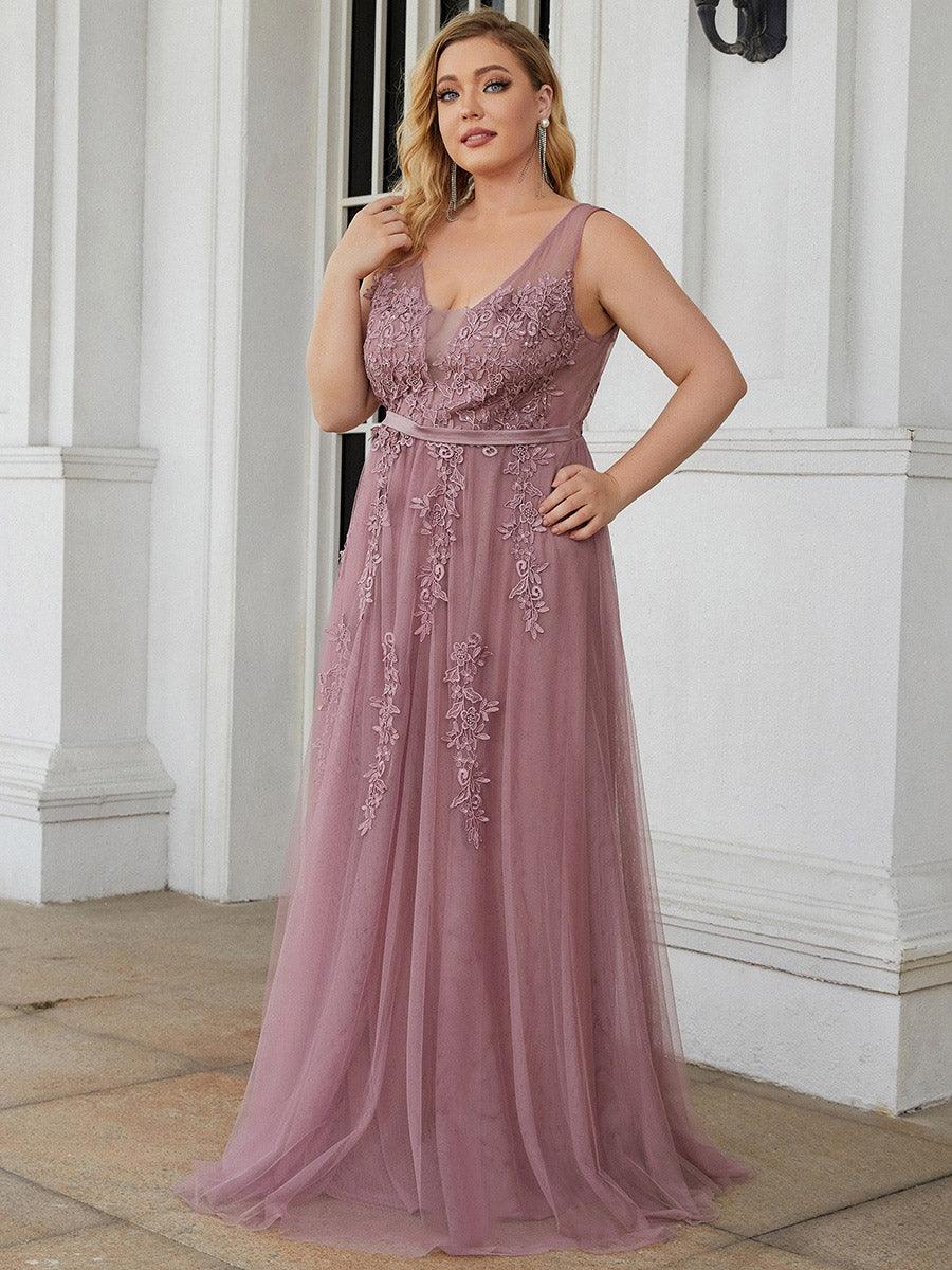 Robe de soirée en tulle fluide sans manches avec appliques élégantes de grande taille #Couleur_Orchidee