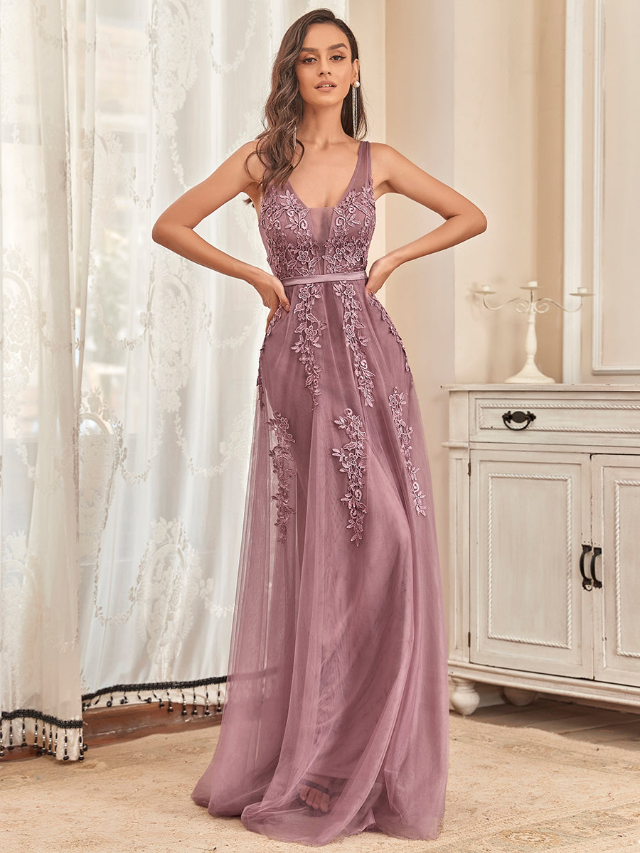 Taille personnalisée robe de soirée élégante sans manches en tulle fluide #couleur_Orchidee