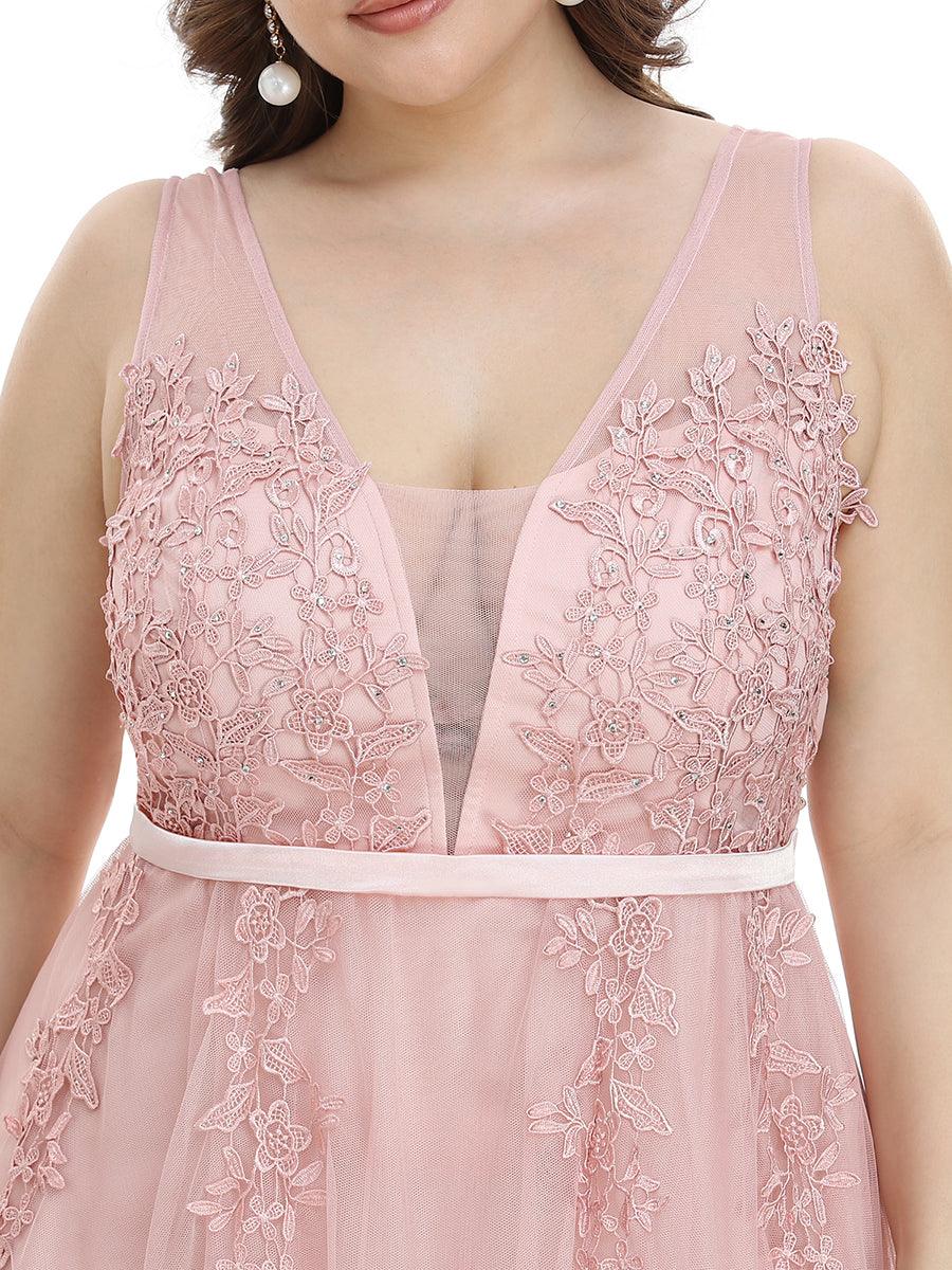 Robe de soirée en tulle fluide sans manches avec appliques élégantes de grande taille #Couleur_Rose