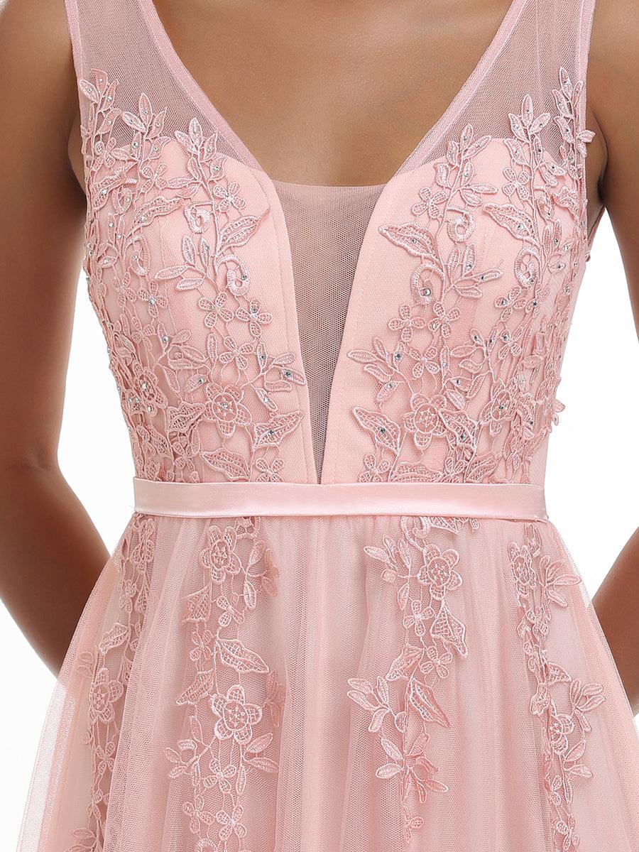 Robe de soirée élégante sans manches en tulle fluide #Couleur_Rose