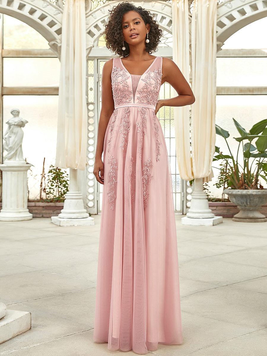 Robe de soirée élégante sans manches en tulle fluide #Couleur_Rose