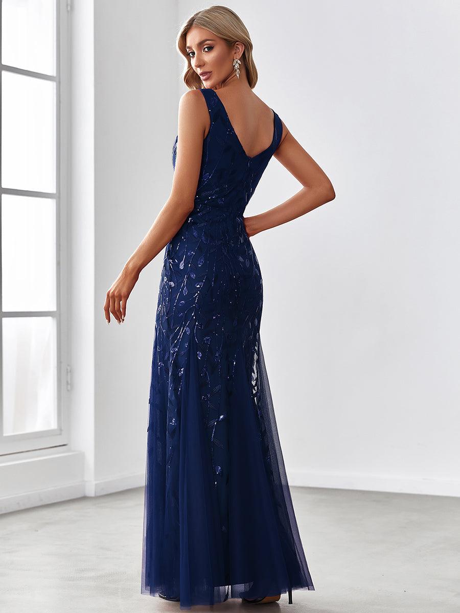 Robe de soirée Sexy Longue belle à double col en V pour femmes #Couleur_Bleu Marine