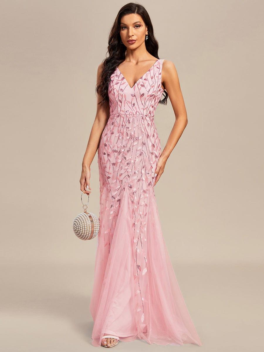 Taille personnalisée Robe de soirée Longue Sexy en sequins col en V pour femmes #Couleur_Rose