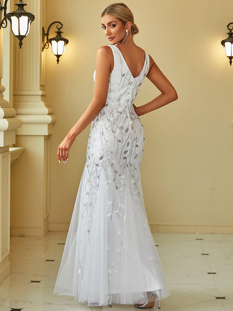 Taille personnalisée Robe de soirée Longue Sexy en sequins col en V pour femmes #Couleur_Blanc