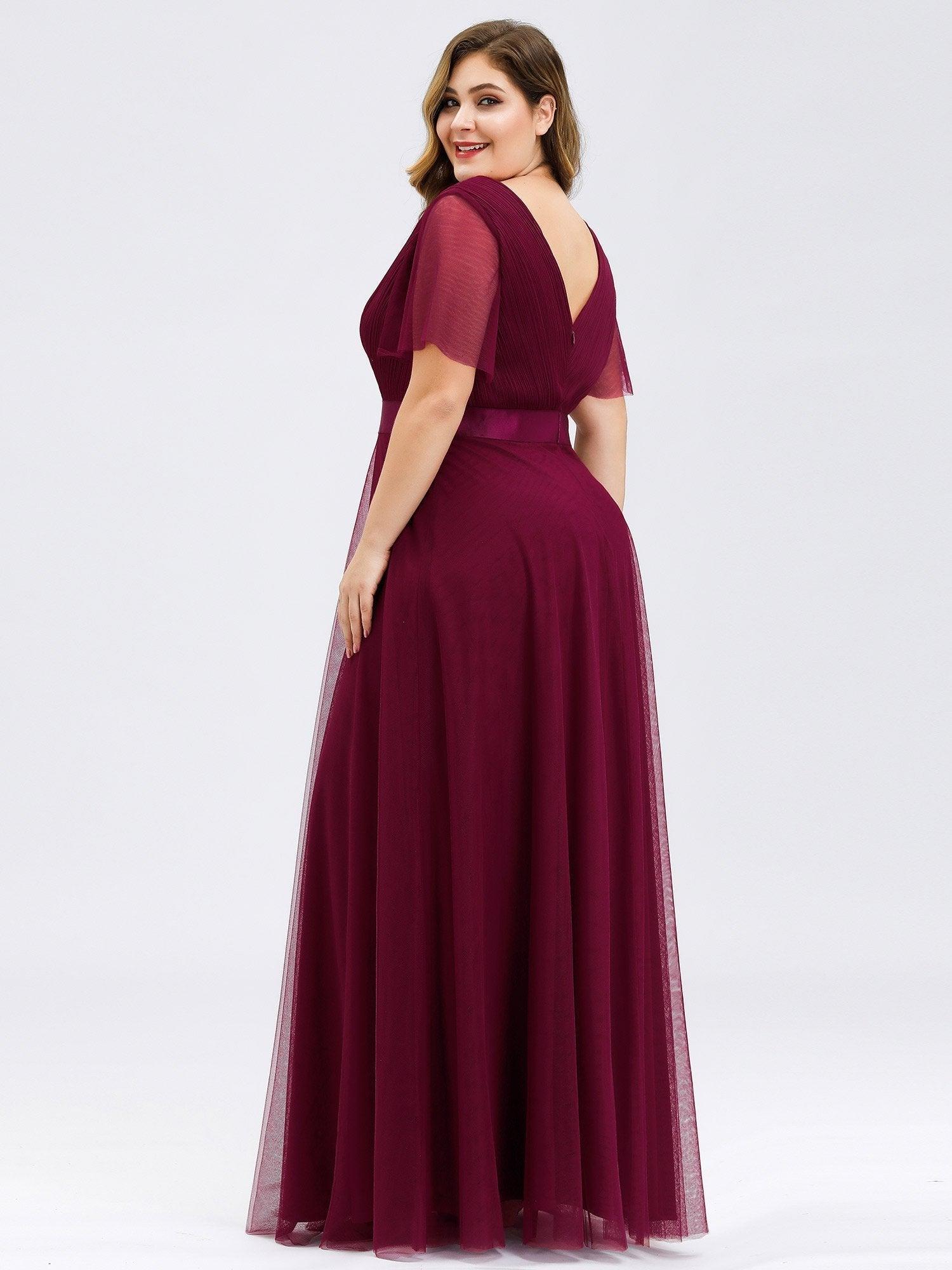 Robe mariage invitée à manches courtes et à double col V pour femmes #Couleur_Bordeaux