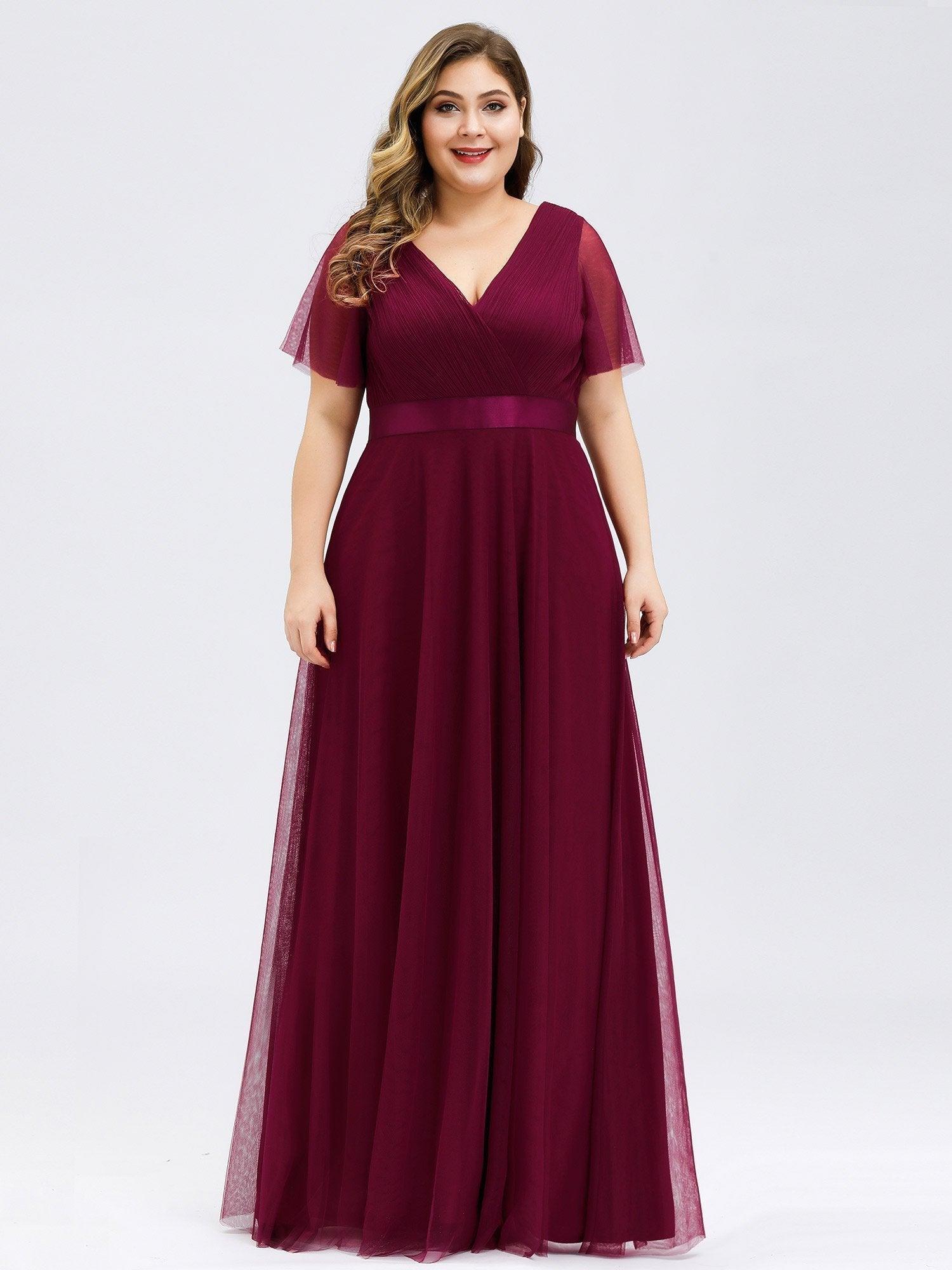 Robe mariage invitée à manches courtes et à double col V pour femmes #Couleur_Bordeaux