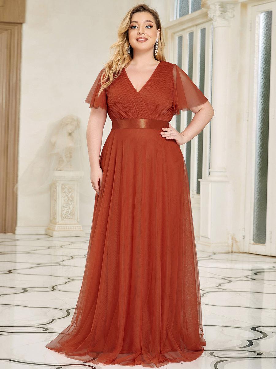Robe mariage invitée à manches courtes et à double col V pour femmes #Couleur_Burnt orange