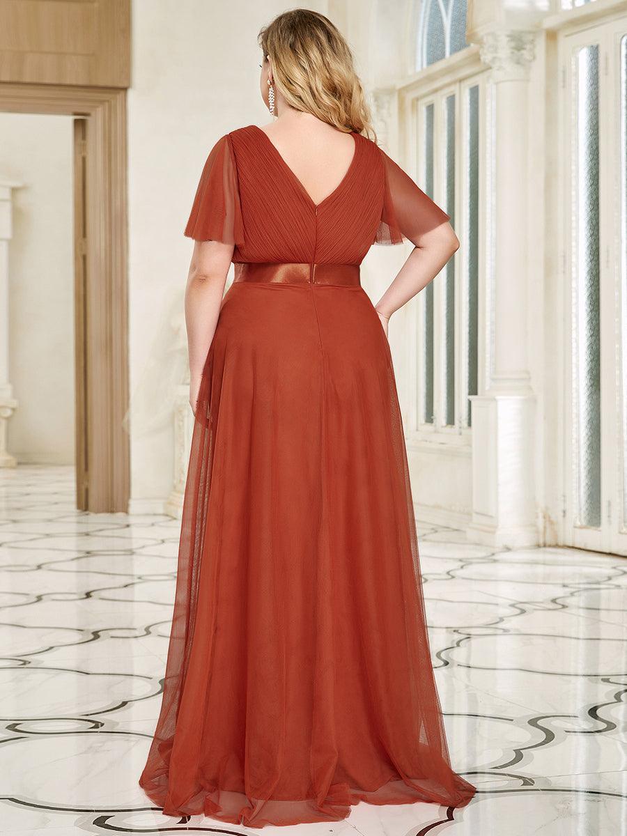 Robe mariage invitée à manches courtes et à double col V pour femmes #Couleur_Burnt orange