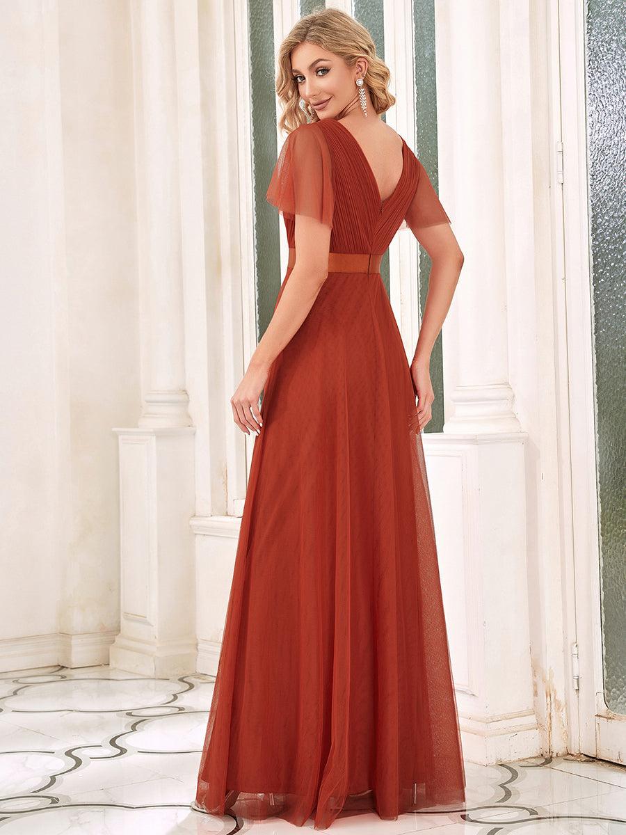 Robe mariage invitée à manches courtes et à double col V pour femmes #Couleur_Burnt orange