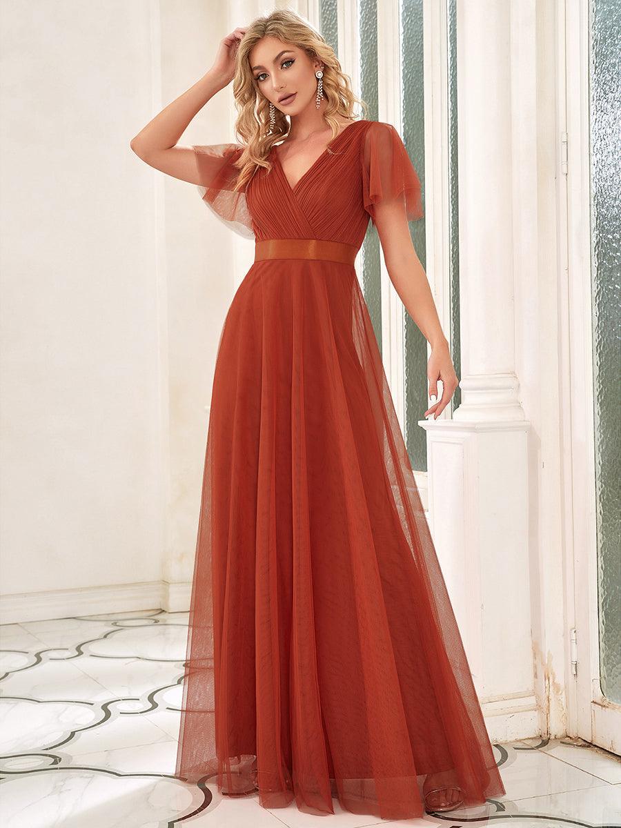 Robe mariage invitée à manches courtes et à double col V pour femmes #Couleur_Burnt orange