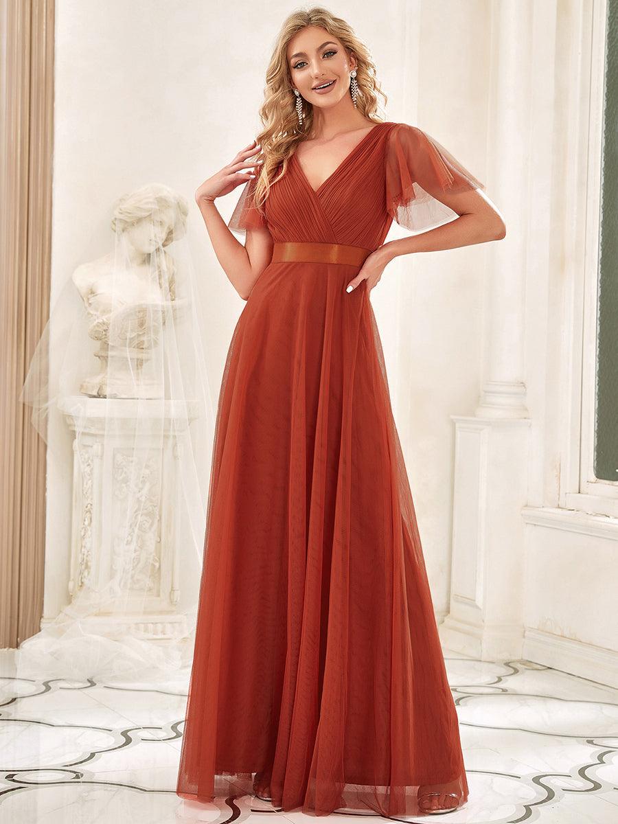 Robe mariage invitée à manches courtes et à double col V pour femmes #Couleur_Burnt orange