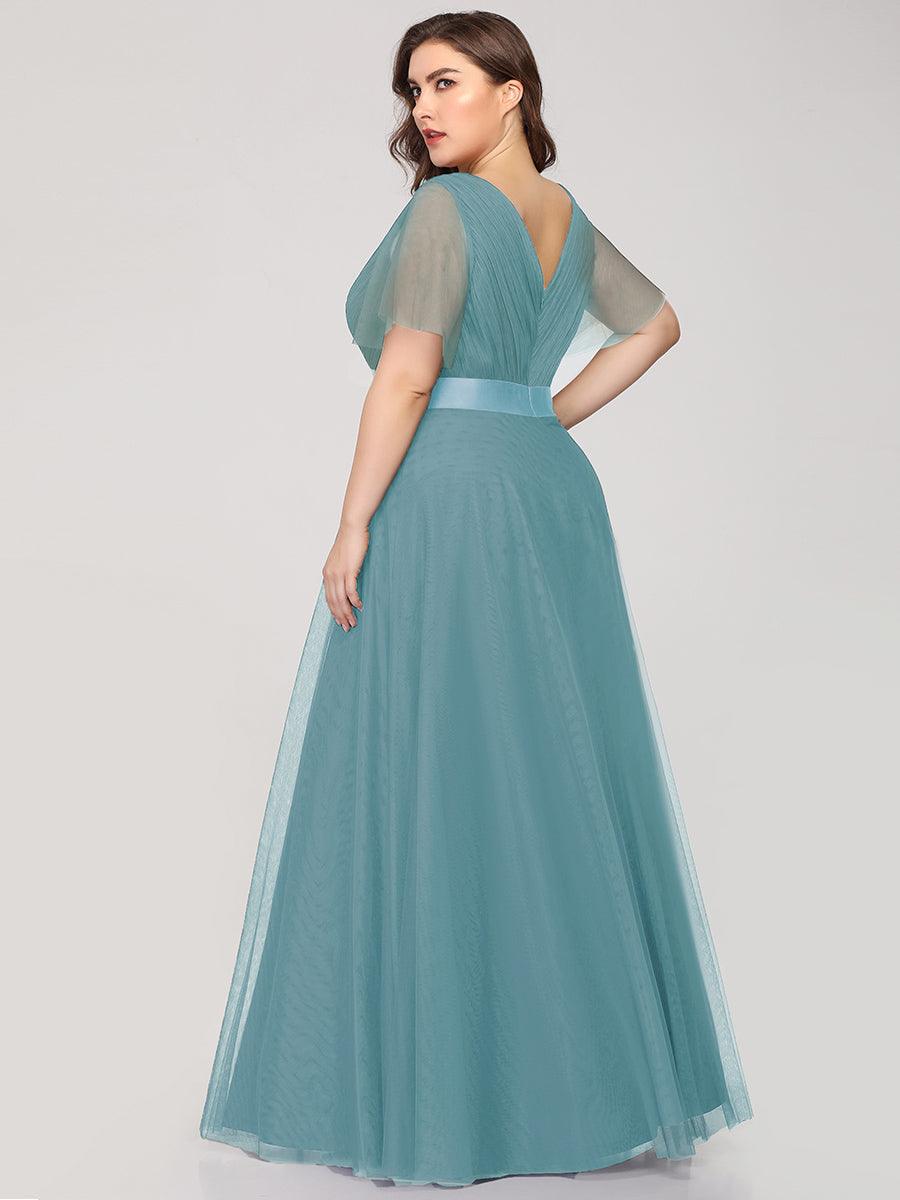 Robe mariage invitée à manches courtes et à double col V pour femmes #Couleur_Bleu Fume